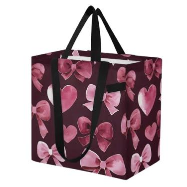 Imagem de SEHANY Sacolas de compras reutilizáveis com laço rosa fofo com alças reforçadas, bolsa de compras de lona dobrável à prova d'água de grande capacidade para viagem, cozinha, praia