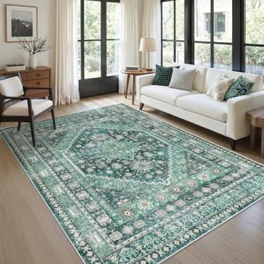 Imagem de Tapete de 1,5 x 2,3 m zesthome Ultrafino lavável, resistente a manchas, antiderrapante para sala de estar, quarto, vintage, para decoração de casa (verde/azul-petróleo, 1,5 x 2,3 m)