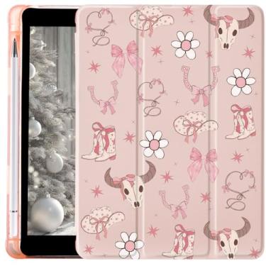 Imagem de CozyNestCY Linda capa de vaqueira de flor de laço para iPad 7ª/8ª/9ª geração, capa de caveira de touro oeste fixe, capa de silicone hibernar/despertar, capa de silicone requintada de 10,2 polegadas e