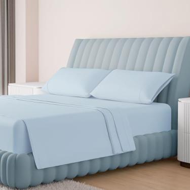 Imagem de Carressa Linen Jogo de lençol casal 100% algodão egípcio – Lençol de cama casal luxuoso de alta contagem de fios (4 peças, azul claro), tecido de cetim macio e refrescante, totalmente elástico, lençol