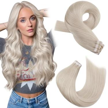 Imagem de Moresoo Extensões de cabelo com fita adesiva de cabelo humano real loiro branco #60A reto sem costura trama de pele de poliuretano extensões invisíveis 55 cm 40 peças 100 g fita de cabelo humano em