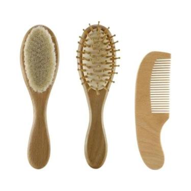 Imagem de Escova De Cabelo De Madeira Para Bebês Recém-Nascidos, Pente De Lã Nat