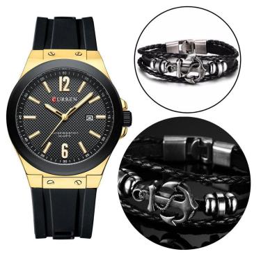 Imagem de Kit Relógio Couro Masculino Gold Quartzo + Bracelete Âncora-Masculino