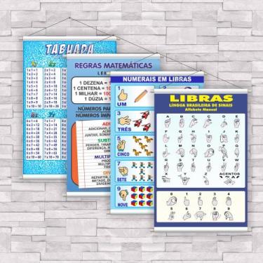 Imagem de kit com 4 Banner Educativo Tabuada, Matemática, Libras 70x55cm - Core 