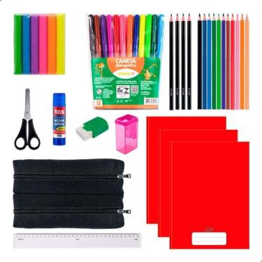 Imagem de Kit Material Escolar Infantil Caderno Brochura Estojo Duplo Mais Itens