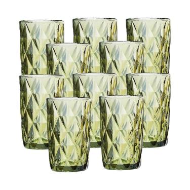 Imagem de Jogo 10 Copos P/ água Vidro Diamante Verde Class Home 350ml