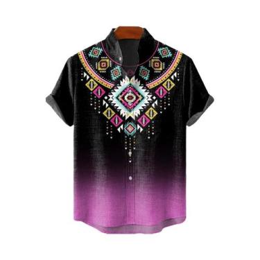Imagem de Camisa Havaiana Masculina Com Estampa Étnica, Manga Curta, Casual, Est