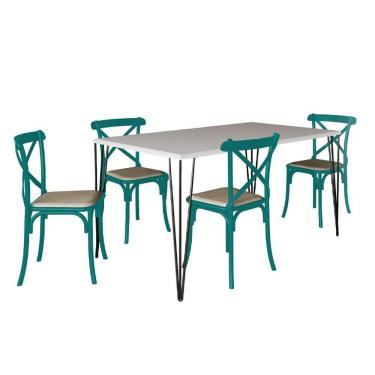 Imagem de Conjunto De Mesa Elen Retangular Tampo De Madeira 140X80Cm Branco Com 4 Cadeiras Katrina Azul Turque