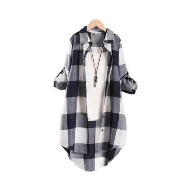 Imagem de Camisa Feminina Xadrez De Manga Longa, Blusa Casual Chic Em Linho E Al