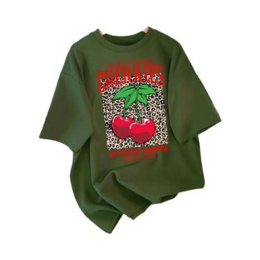 Imagem de Camiseta Feminina De Algodão Com Gola Redonda Estampa De Cerejas Selec