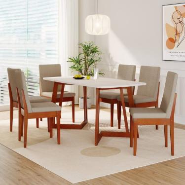Imagem de Conjunto Sala de Jantar Califórnia 6 Lugares Retangular Madeira Maciça Dakota Caramelo/Camurça/Off White