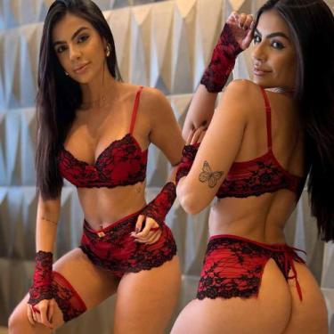Imagem de Conjunto Lingerie Sensual Luvas Cinta Liga Calcinha fio Dental Renda B