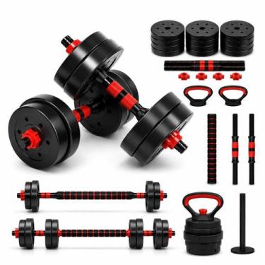 Imagem de Kit Halteres 6 em 1 Musculação 20kg Ajustável Kettlebell Barra Anilhas