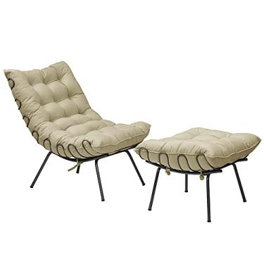 Imagem de Conjunto Decorativo Poltrona e Puff Abel Base de Ferro Preto Veludo Bege - Gran Belo