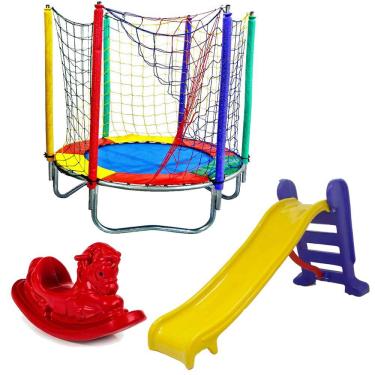 Imagem de Cama Elástica Pula Pula Trampolim  Colorida 1,40m + Escorregador Médio + Gangorra 1 lugar 