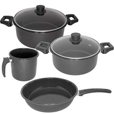 Imagem de Conjunto de Panelas Esmaltadas, Caneco e Frigideira Preta de Agatha com 2 Tampas de Vidro