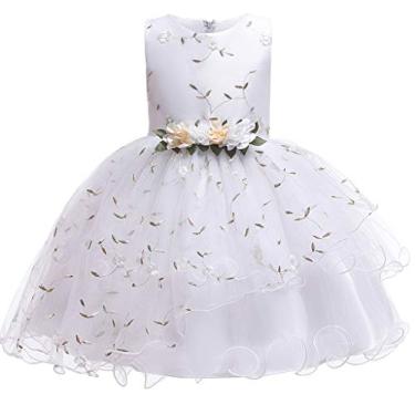 Imagem de Vestido infantil infantil menina sem mangas floral bordado tule princesa vestido de baile roupas meninas vestidos de verão (branco, 4-5 anos)