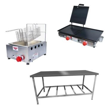 Imagem de Kit Lanchonete Mesa de Manipulação 190x70cm + Fritadeira a Gás 1 Cuba + Chapa a Gás 60cm Alcamar