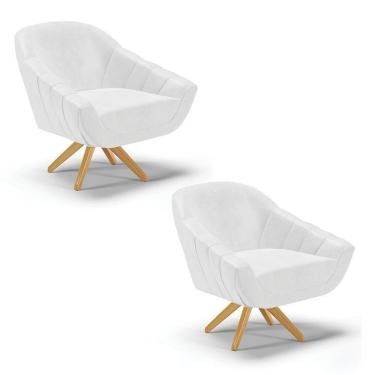 Imagem de Kit 02 Poltronas Giratória Corano Branco Base Madeira Ma30