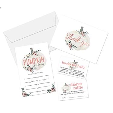 Imagem de Conjunto de convites para chá de bebê, cartões de convites de enchimento, livros para bebês, boia de fraldas, agradecimento, abóbora, cada design com 25 cartões e envelopes (total de 100 cartões) – (bb004-taozhuang)