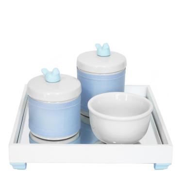 Imagem de Kit Higiene Espelho Potes, Molhadeira e Capa Passarinho Azul Quarto Bebê Menino