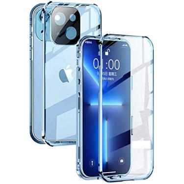 Imagem de KGFCE Capa de telefone de vidro de atração magnética, para Apple iPhone 13 Mini (2021) 5,4 polegadas dupla face capa de telefone transparente de vidro temperado (cor: azul de pico)