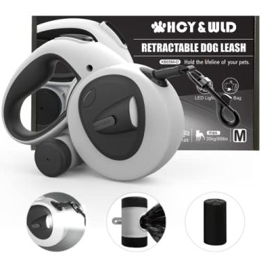 Imagem de HCY&WLD Coleira retrátil 4 em 1 para cães com luz e dispensador e sacos de cocô, correia resistente de 4,8 m com alça antiderrapante para cães de até 29,8 kg, 360 °, sem emaranhados, freio e trava de um botão