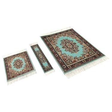 Imagem de Conjunto de 3 peças, tapete de mouse pad combinando estilo tapete, porta-copos em miniatura e marcador de livro, acessórios de escritório elegantes, colorido, novidade, turquesa
