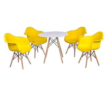 Imagem de Kit Mesa Eiffel Branca 120cm + 4 Cadeiras Charles Eames Wood - Daw - Com Braços - Design - Amarela