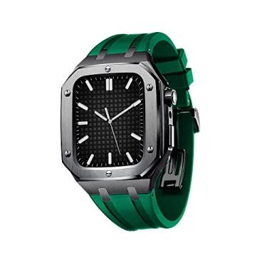 Imagem de VEVEL Caixa inoxidável+pulseiras para Apple Watch Series 7/6/SE/5/4, 45mm 44mm pulseira de silicone caixa de metal para homens mulheres (cor: verde dourado, tamanho: 44mm PARA 6/5/4/SE)