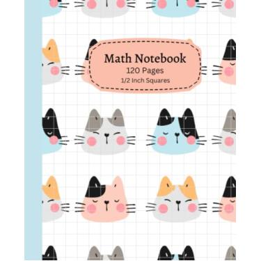 Imagem de Caderno de matemática: Caderno de composição de papel quadriculado forrado com quadrados multicoloridos com tema de gato, 120 páginas, 19 x 23,5 cm