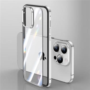Imagem de FIRSTPELLA Capa transparente projetada para iPhone 13 com moldura de metal, 2 em 1, traseira transparente de acrílico e moldura de alumínio, capa de telefone fina à prova de choque de silicone macio à