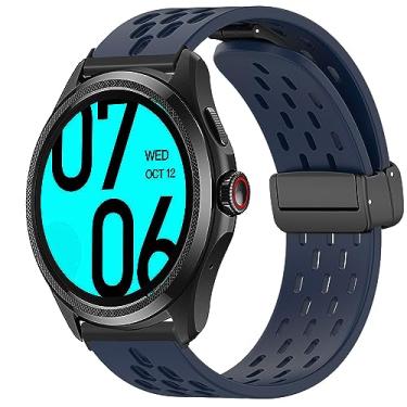 Imagem de Compatível com pulseiras para smartwatch Ticwatch Pro 5, Lamshaw 24 mm de silicone macio respirável borboleta magnética Clousure Sport Replacemet pulseiras compatíveis com smartwatch Ticwatch Pro 5 Android (azul escuro)