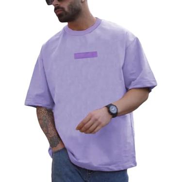 Imagem de OYOANGLE Camiseta masculina de manga curta, gola redonda, ombro caído, casual, estilosa, de verão, Roxo lilás, GG