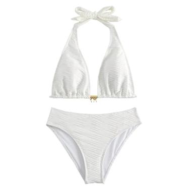 Imagem de WDIRARA Conjunto de roupa de banho feminino de 2 peças de cor lisa, sutiã triangular e cintura alta, roupa de banho, Branco, M