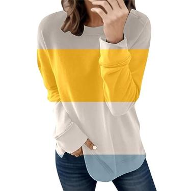 Imagem de Moletom leve para mulheres túnica oversized top patchwork pulôver de manga comprida Jersey Y2K Imprimir Ajuste solto Moda Roupa sólidas capuz Emenda de bloco de cores K105-Amarelo Small