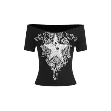 Imagem de SOLY HUX Camisetas femininas Y2k Graphic Crop Tops com estampa de estrelas, ombros de fora, manga curta, Estampa de estrela preta, PP