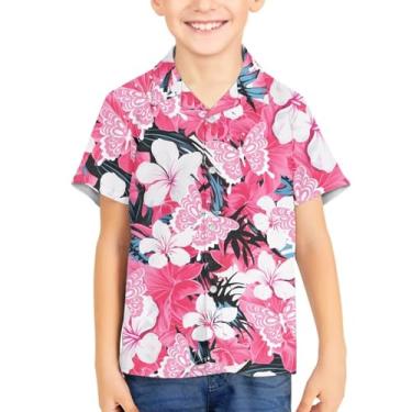 Imagem de Camisetas havaianas de manga curta tropicais com botões de botão unissex para verão para crianças de 3 a 16 anos, Borboleta de flor tropical, 15-16 Years