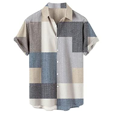 Imagem de ZHONKUI Camisetas masculinas casuais, elegantes, xadrez, patchwork, manga curta, abotoadas, sem bolso, Bege, 4G