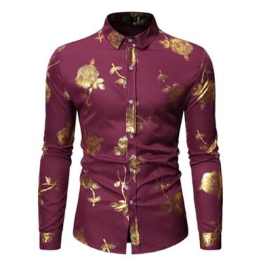 Imagem de Camisa social masculina manga longa slim fit floral com estampa rosa dourada brilhante, Vermelho, P