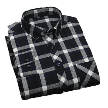 Imagem de Camisa social masculina plus size para lazer masculina algodão lixado flanela quente casual manga longa gola xadrez, Algodão 9912, GG