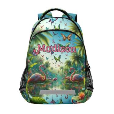 Imagem de CHIFIGNO Mochilas infantis personalizadas para meninos e meninas, mochila escolar personalizada com nome, bolsa de viagem para laptop personalizada, Flamingos tropicais e borboletas, Medium