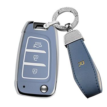 Imagem de ontto Capa de chaveiro adequada para Hyundai Solaris 2 i30 Kona Flip Remote TPU Key Glove Light and Glossy Key Holder Cinza-Azul