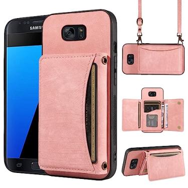 Imagem de Capa de telefone para Samsung Galaxy S7 capa carteira com alça de ombro transversal e suporte de couro para cartão de crédito bolso fino suporte celular acessórios para celular bolsa flip móvel S 7 7s GS7 SM-G930V G930A meninas rosa