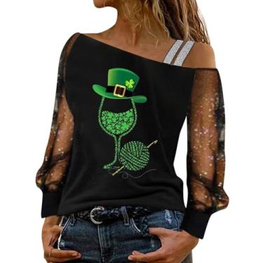 Imagem de CGGMVCG Camiseta feminina de Dia de São Patrício com ombro de fora, manga comprida, casual, estampa de taça de vinho, malha para o dia de São Patrício, Preto #1, GG
