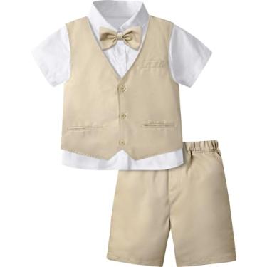 Imagem de A&J DESIGN Conjunto de terno curto para meninos 3 peças roupa formal de cavalheiro infantil, 4-11 anos, camisa + colete + shorts + gravata borboleta, Caqui, 8-9 Anos