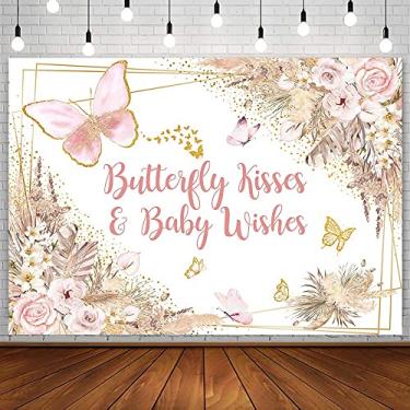 Imagem de AIBIIN 2,1 x 1,5 m Butterfly Kisses Pano de fundo para festa de chá de bebê para meninas princesas Baby Wishes Boho Rosa Floral Pampas Fundo de fotografia Oh Baby Decorações Suprimentos Banner para sessão de fotos Adereços de estúdio