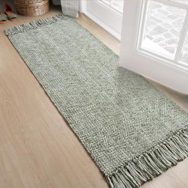 Imagem de Collive Tapete corredor corredor, tapete de corredor de cozinha lavável macio de 60 cm x 15 cm, verde-oliva/creme, contemporâneo, moderno, lavanderia, tapete de algodão tecido à mão para quarto,