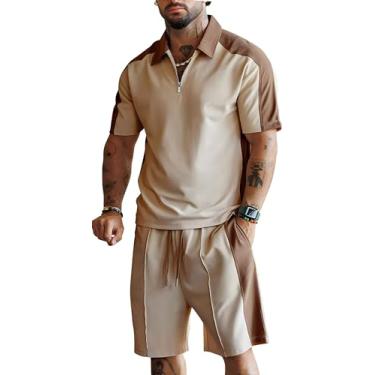 Imagem de DAINASONG Conjunto de 2 peças de camisa polo masculina e shorts de verão com zíper casual atlético joggers, Bege, P