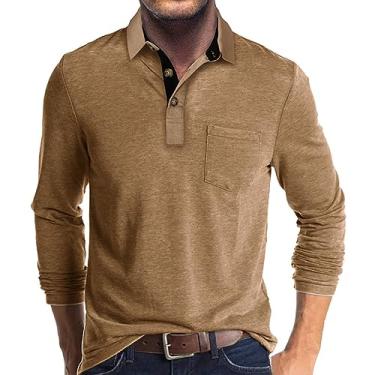 Imagem de Camisas polo casuais masculinas clássicas botão básico manga longa cor sólida camisetas de algodão elegantes tops, Caqui, 3G
